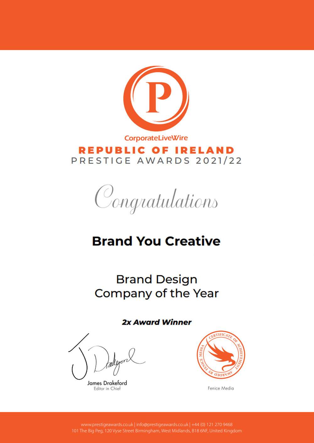 Best Branding & Designing Agency, Our Awards | BrandYou Creative Dublin Ireland, Brandyou Creative
